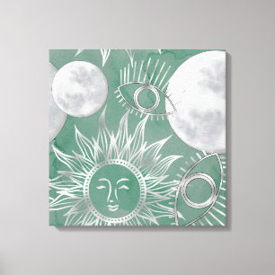 Lienzo Mystique solar   Duste Green Silver Moon Stars Sun