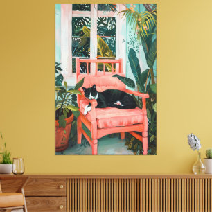Lienzo Nap tropical: Gato soñando en paraíso rosa