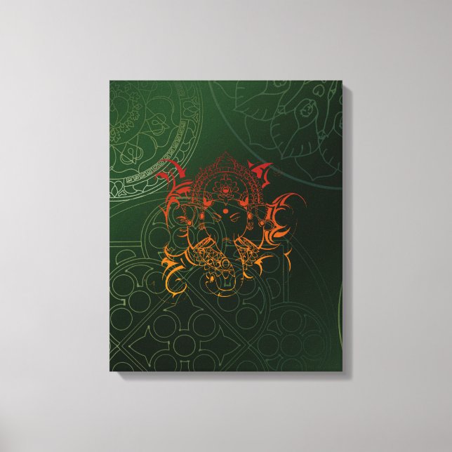 Lienzo Naranja amarillo Elefante Verde Ganesha Mandala (Anverso)