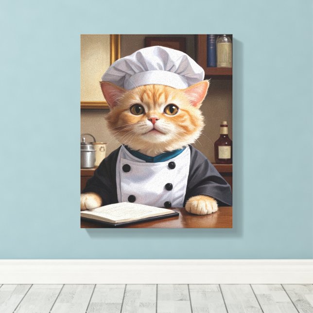 Lienzo Naranja lindo Tabby Cat Chef Cocinar Ilustracion (Insitu (piso de madera))