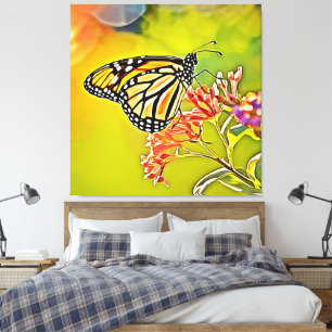 Lienzo Naranja mariposa en diseño de flores rosadas