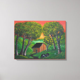 Lienzo Naranja Trapper Shack Wood Forest Landscape