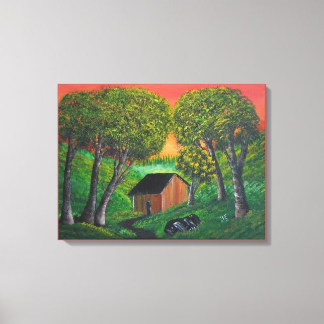 Lienzo Naranja Trapper Shack Wood Forest Landscape (Anverso)
