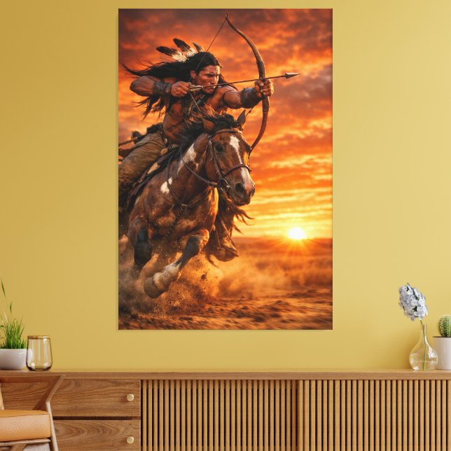 Lienzo Native American Warrior Galloping Horse at Sunset (Insitu (Sala de estar))