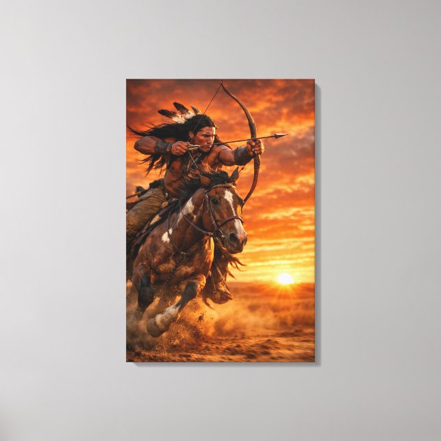 Lienzo Native American Warrior on Galloping Horse Sunset (Anverso)