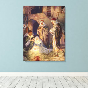 Lienzo Natividad de Navidad Vintage, 3 Pastores y Jesús