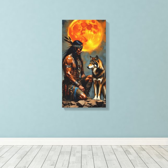 Lienzo Nativo americano y lobo (Insitu (piso de madera))