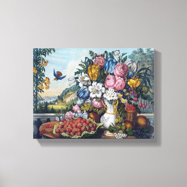 Lienzo Naturaleza Muerta Flores Pájaro Fruta (Anverso)