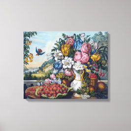 Lienzo Naturaleza Muerta Flores Pájaro Fruta