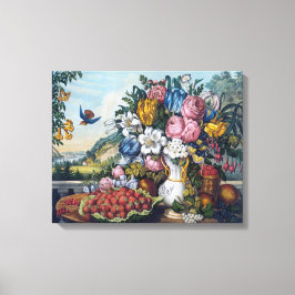 Lienzo Naturaleza Muerta Flores Pájaro Fruta