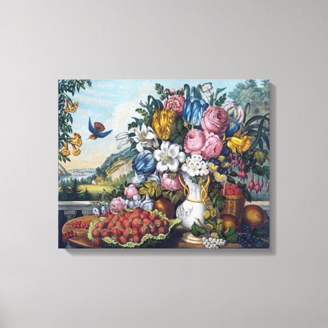 Lienzo Naturaleza Muerta Flores Pájaro Fruta (Anverso)
