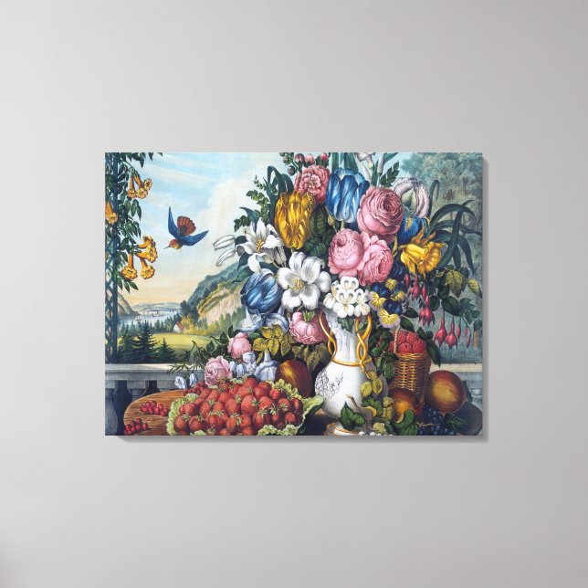 Lienzo Naturaleza Muerta Flores Pájaro Fruta (Anverso)