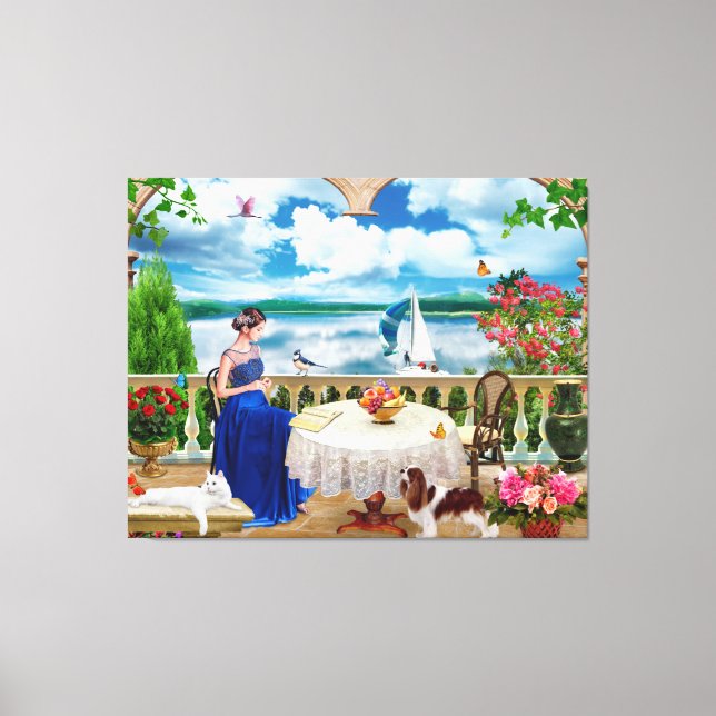 Lienzo Naturaleza paisajística Montaña Mujer gata mascota (Anverso)