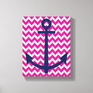 Lienzo Nautical Anchor Chevron Wall Art en rosa y marina