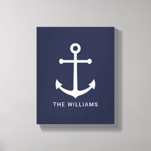 Lienzo Nautical White Anchor y nombre personalizado en az