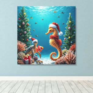 Lienzo Navidad Bajo el Océano Caballito de Mar y Tortuga