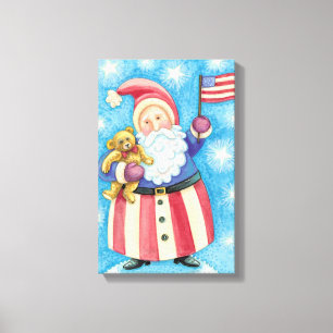 Lienzo Navidad linda, Santa Claus patriótico con bandera