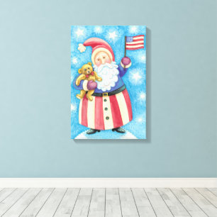 Lienzo Navidad linda, Santa Claus patriótico con bandera