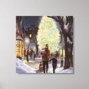 Lienzo Navidad Retro, Padre de compras con los niños