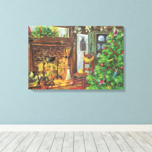 Lienzo Navidad Vintage, acogedora cabaña de troncos con c