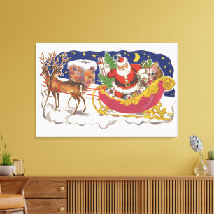 Lienzo Navidad Vintage, alegre Santa Claus con trineo