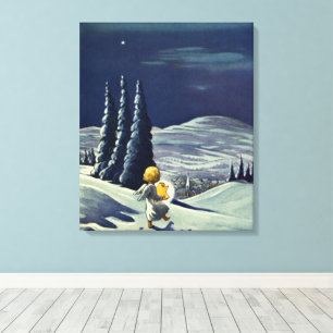 Lienzo Navidad Vintage, Ángel de la nieve caminando con u