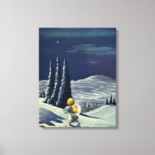 Lienzo Navidad Vintage, Ángel de la nieve caminando con u