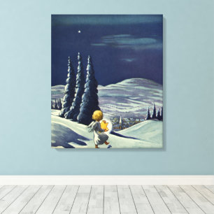 Lienzo Navidad Vintage, Ángel de la nieve caminando con u