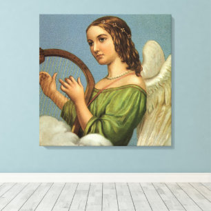 Lienzo Navidad Vintage, Ángel Victoriano con Arpa de Músi