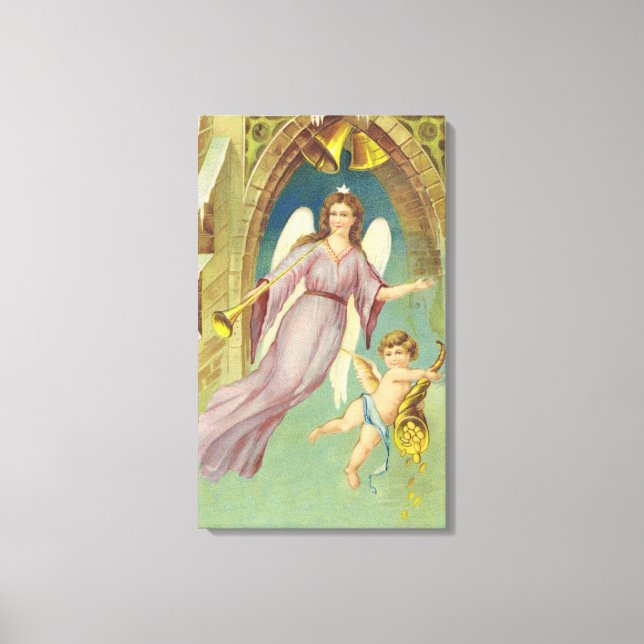 Lienzo Navidad Vintage, Ángel Victoriano con Querubín (Anverso)