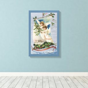 Lienzo Navidad Vintage, Ángeles Victorianos en un Velero