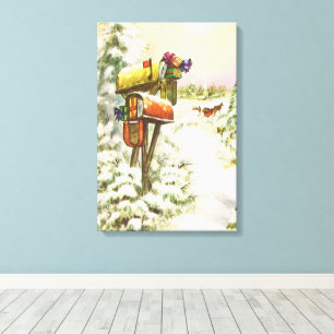 Lienzo Navidad Vintage, buzones en paisaje invernal