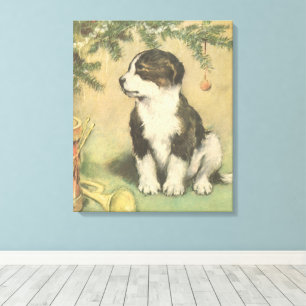 Lienzo Navidad Vintage, Cachorro Lindo Debajo del Árbol d