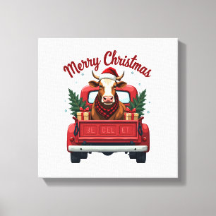 Lienzo Navidad Vintage Feliz Vaca Highland Camión Rojo Ho