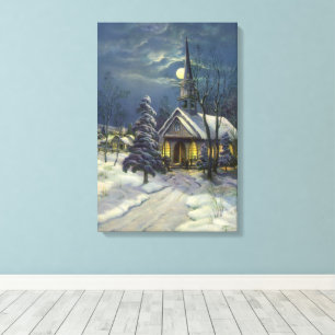 Lienzo Navidad Vintage, Iglesia de Invierno en la Nieve c