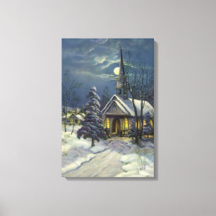 Lienzo Navidad Vintage, Iglesia de Invierno en la Nieve c