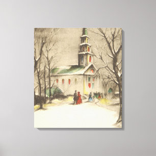 Lienzo Navidad Vintage, Iglesia en paisaje invernal nevad