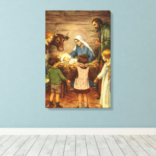 Lienzo Navidad Vintage, Natividad Religiosa con el Niño J
