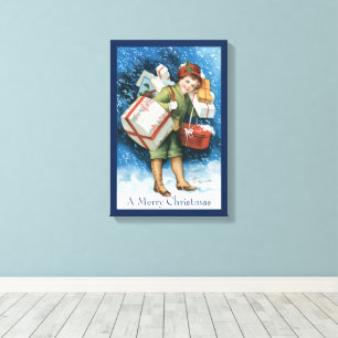 Lienzo Navidad Vintage, Niña con Regalos en Nieve Inverna