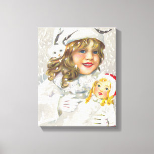 Lienzo Navidad Vintage Niña Victoriana con Muñeca en la N