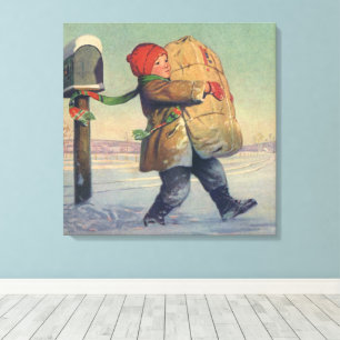 Lienzo Navidad Vintage, Niño con Paquete Grande