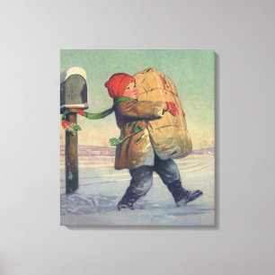Lienzo Navidad Vintage, Niño con Paquete Grande