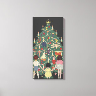 Lienzo Navidad Vintage Niños Alrededor de un Árbol Decora
