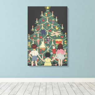 Lienzo Navidad Vintage Niños alrededor de un árbol decora
