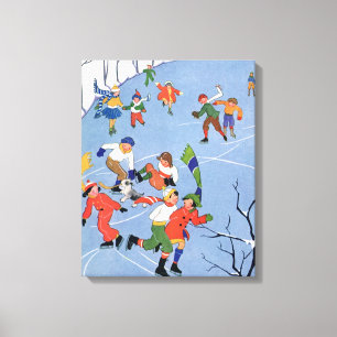 Lienzo Navidad vintage, niños patinando hielo en un lago