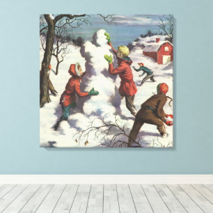 Lienzo Navidad Vintage, niños pelea de bolas de nieve