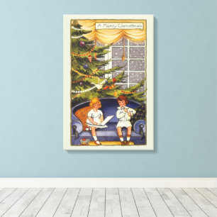 Lienzo Navidad Vintage, niños sentados en un sofá