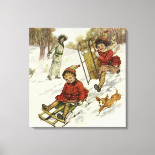 Lienzo Navidad Vintage, niños victorianos en trineo con p