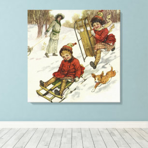 Lienzo Navidad Vintage, niños victorianos en trineo con p