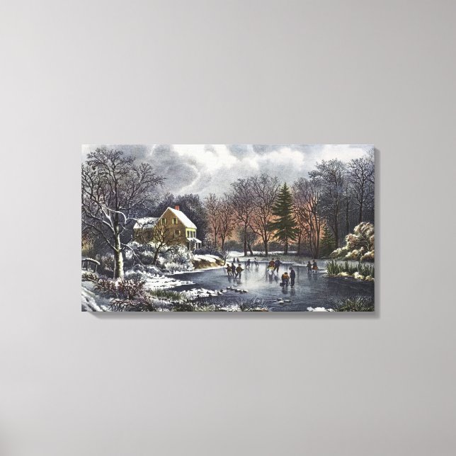 Lienzo Navidad vintage, primeros patinadores de invierno  (Anverso)